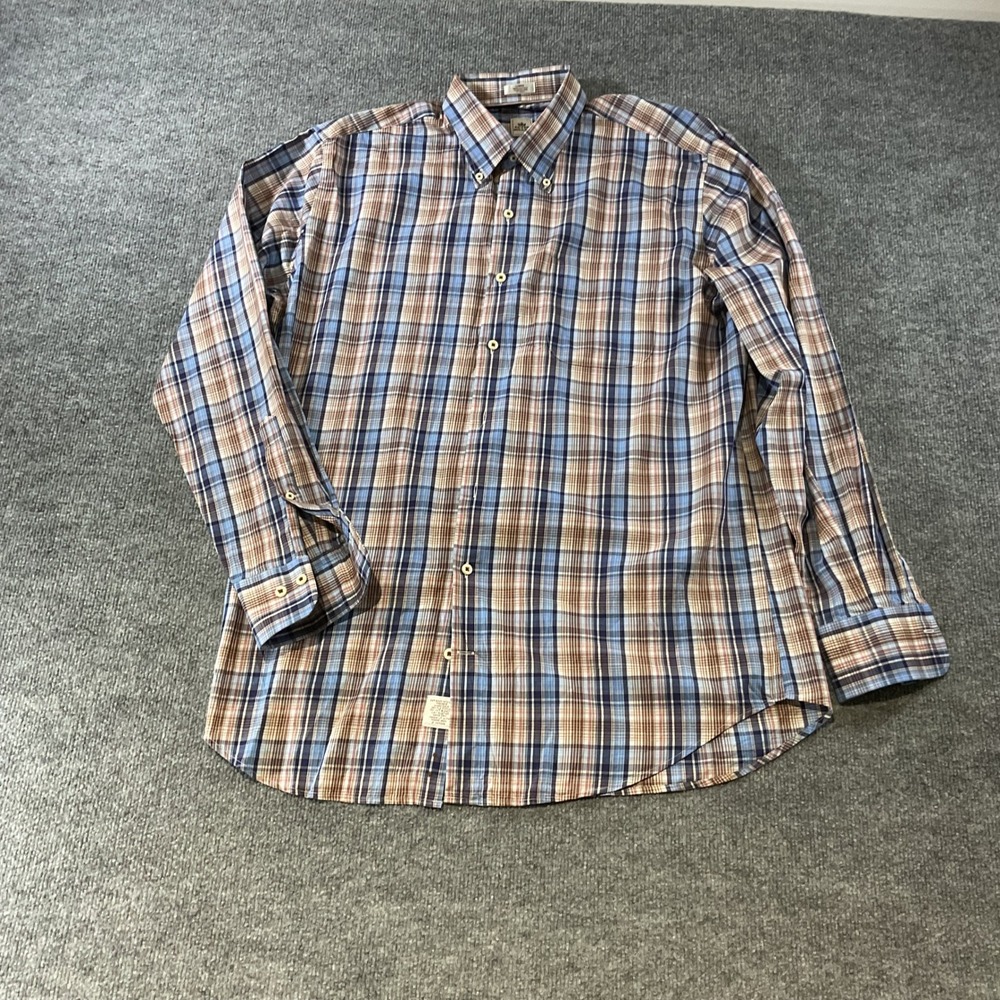 Peter Millar Mens Large Blue Brown Plaid Cotton Button Down Shirt Long Sleeve